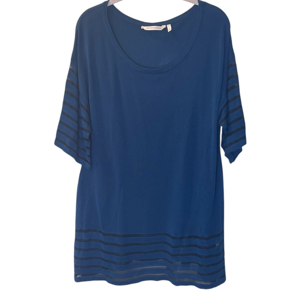 Soft Surroundings Blue Jewel Tone Black Sheer Striped Tunic Top Shirt L